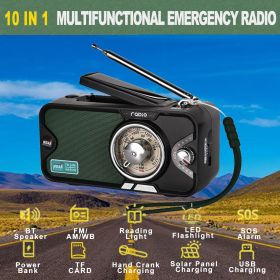 3600mAh Emergency Crank &NOAA Weather Radio; Hand Crank/Solar/USB Charging; Portable Radio With (AM FM /WB); Radio With Other Function For BT Spe (Color: Black)