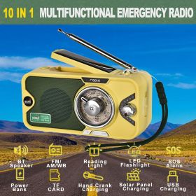 3600mAh Emergency Crank &NOAA Weather Radio; Hand Crank/Solar/USB Charging; Portable Radio With (AM FM /WB); Radio With Other Function For BT Spe (Color: Yellow)